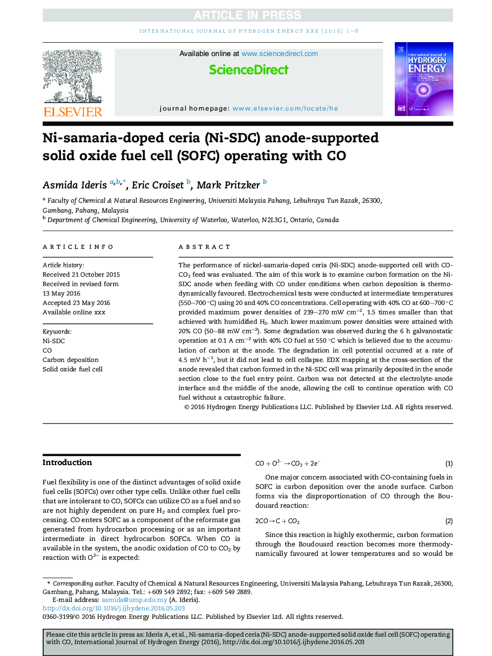 Ni-samaria-doped ceria (Ni-SDC) anode-supported solid oxide fuel cell (SOFC) operating with CO