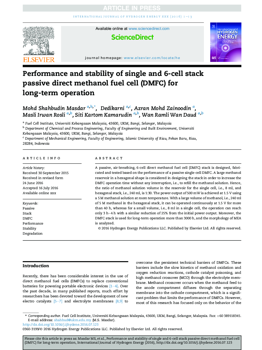 Performance and stability of single and 6-cell stack passive direct methanol fuel cell (DMFC) for long-term operation