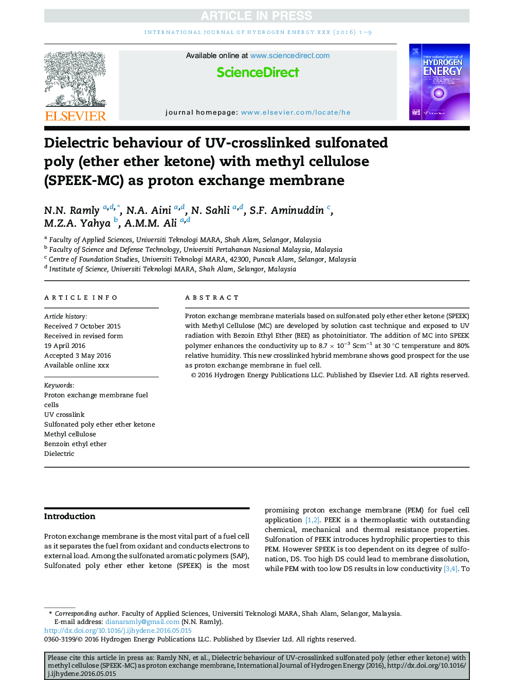 Dielectric behaviour of UV-crosslinked sulfonated poly (ether ether ketone) with methyl cellulose (SPEEK-MC) as proton exchange membrane