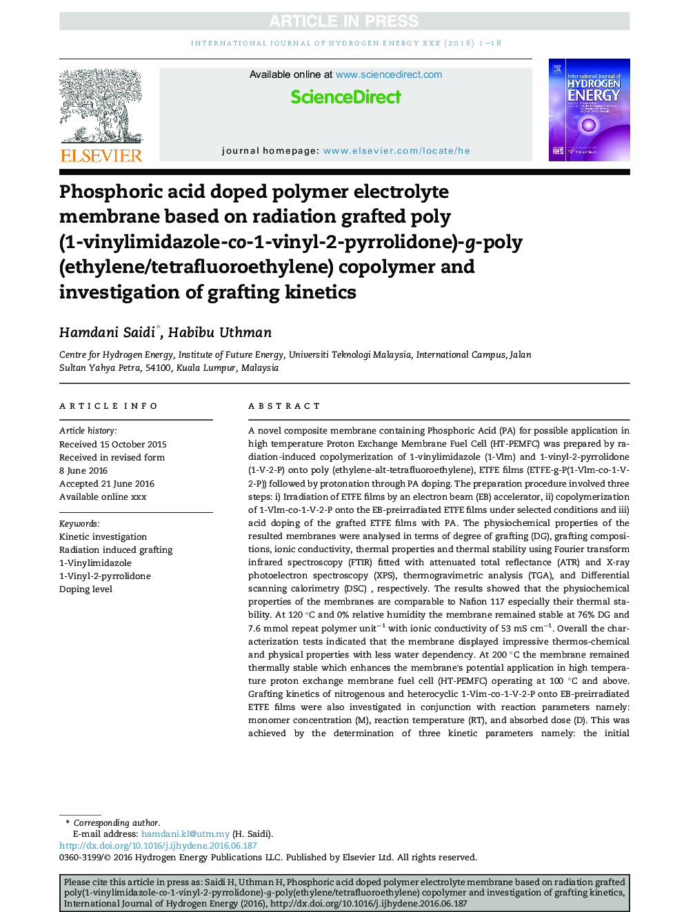 Phosphoric acid doped polymer electrolyte membrane based on radiation grafted poly(1-vinylimidazole-co-1-vinyl-2-pyrrolidone)-g-poly(ethylene/tetrafluoroethylene) copolymer and investigation of grafting kinetics
