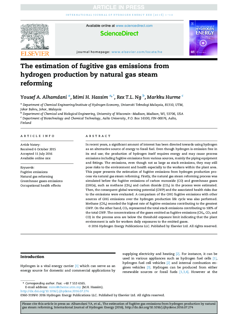 The estimation of fugitive gas emissions from hydrogen production by natural gas steam reforming