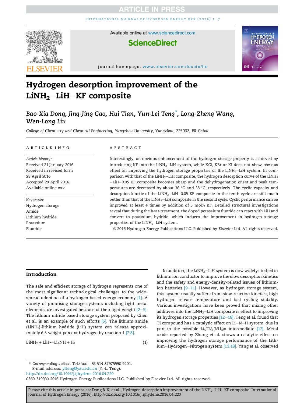 Hydrogen desorption improvement of the LiNH2-LiH-KF composite