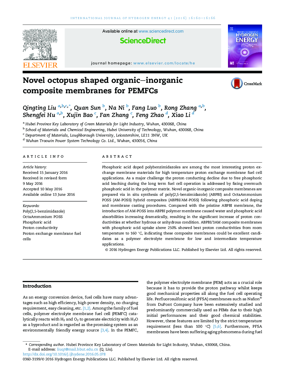Novel octopus shaped organic-inorganic composite membranes for PEMFCs