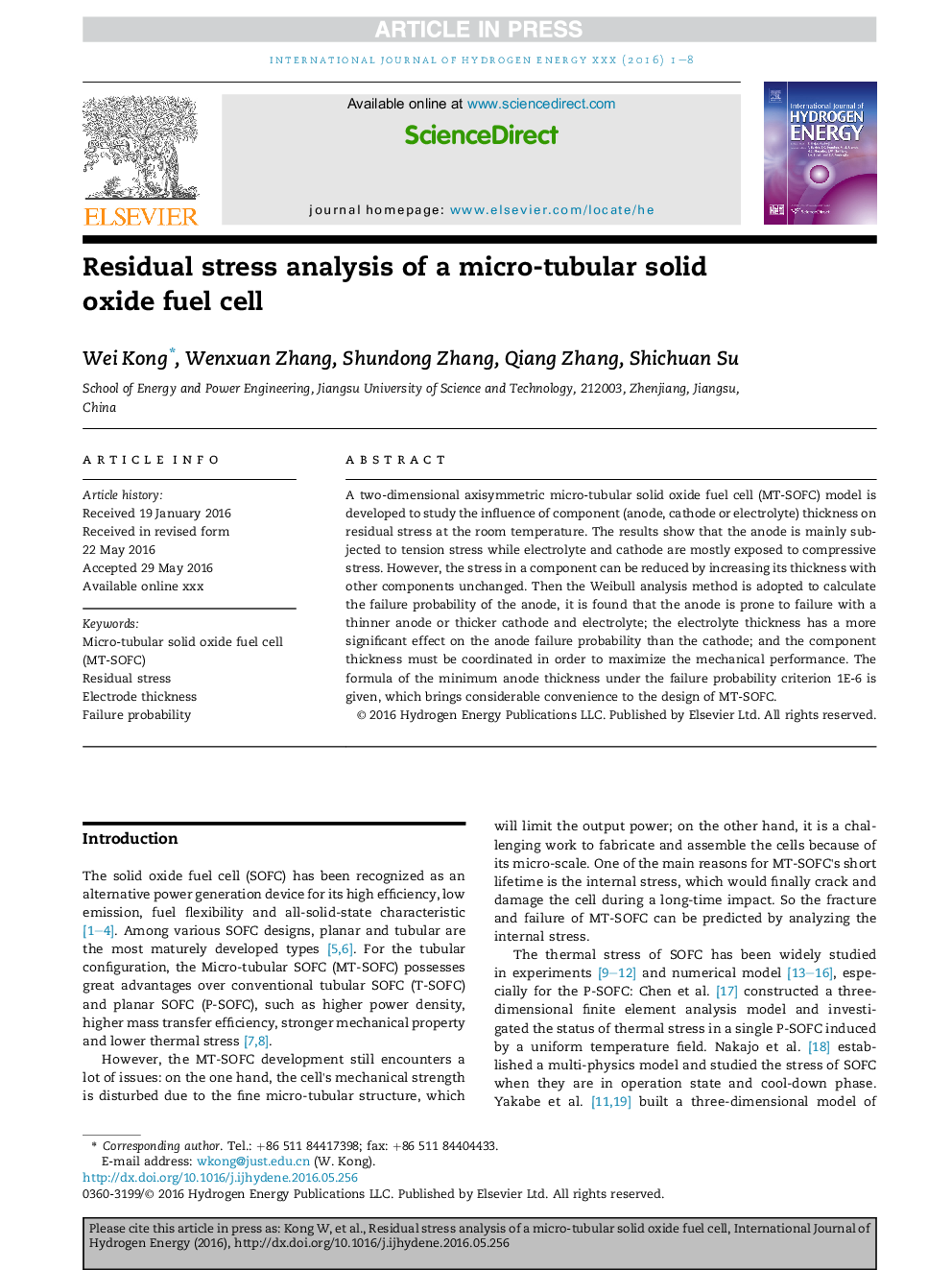 Residual stress analysis of a micro-tubular solid oxide fuel cell