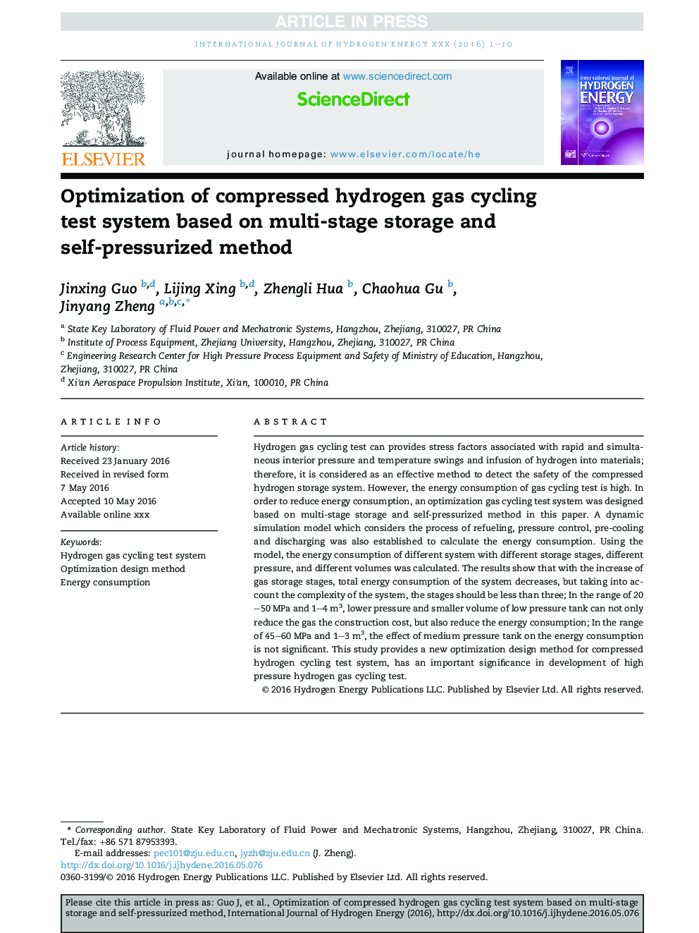 Optimization of compressed hydrogen gas cycling test system based on multi-stage storage and self-pressurized method