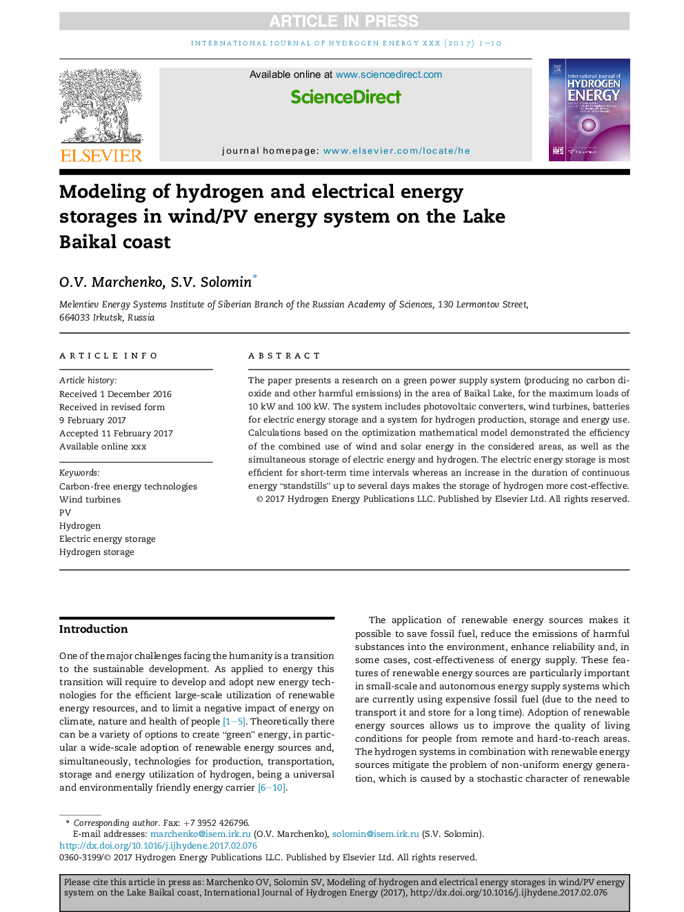 Modeling of hydrogen and electrical energy storages in wind/PV energy system on the Lake Baikal coast