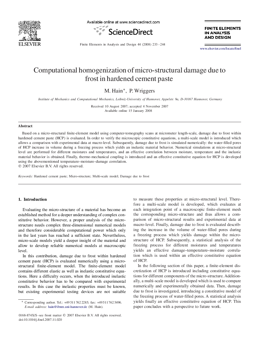 Computational homogenization of micro-structural damage due to frost in hardened cement paste