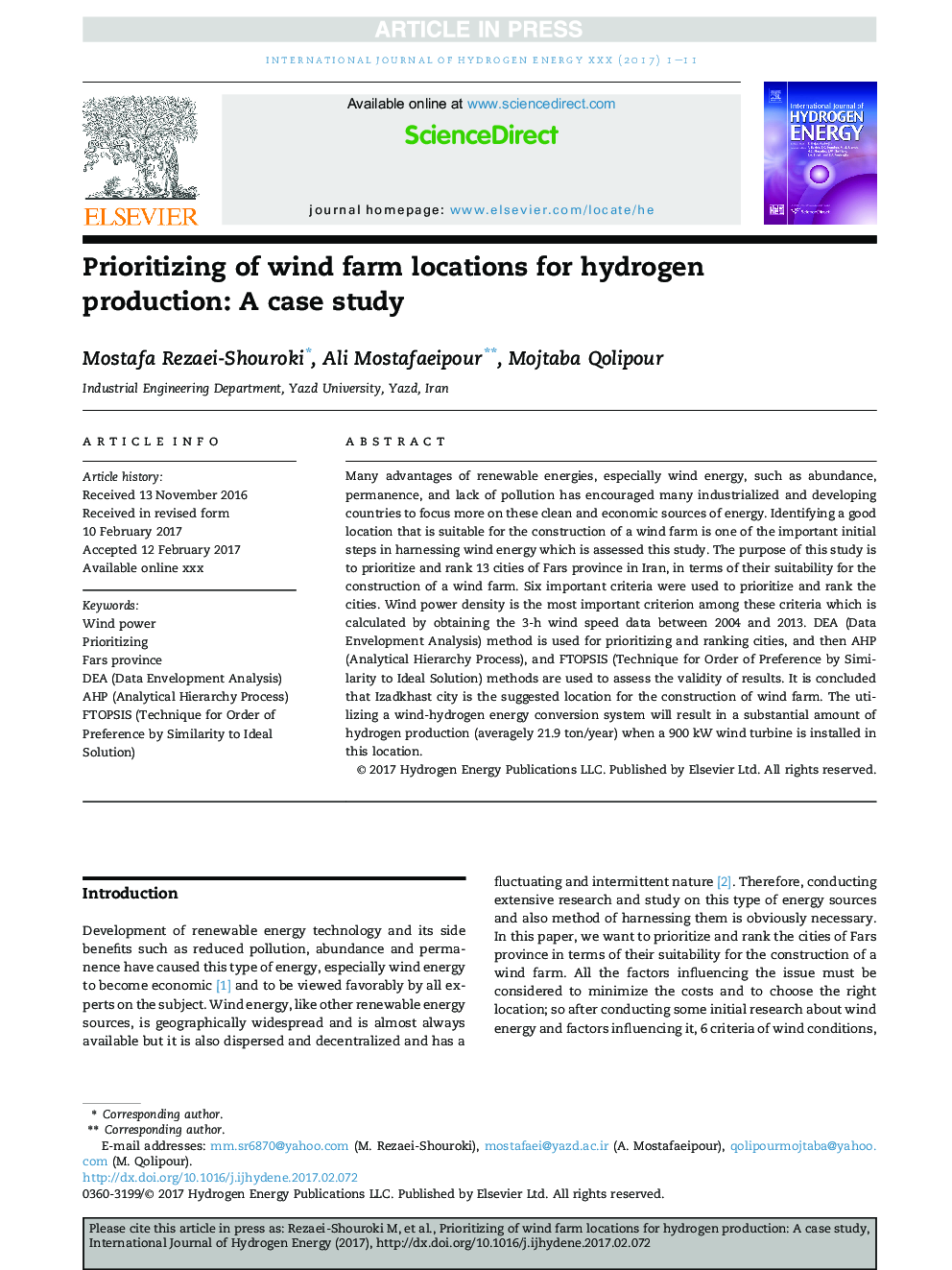 Prioritizing of wind farm locations for hydrogen production: A case study