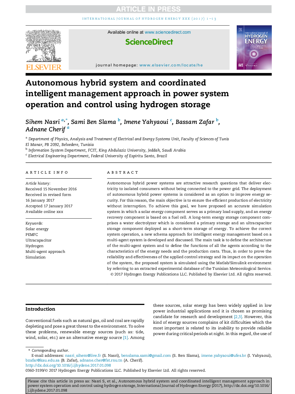 Autonomous hybrid system and coordinated intelligent management approach in power system operation and control using hydrogen storage