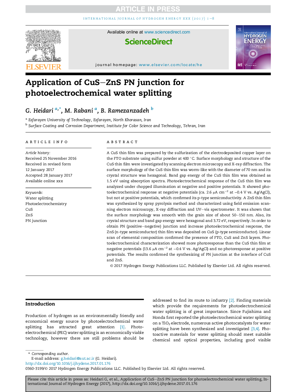 Application of CuS-ZnS PN junction for photoelectrochemical water splitting