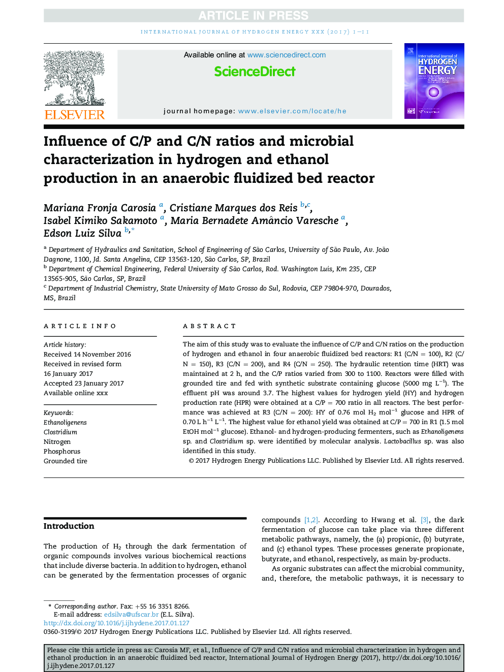 Influence of C/P and C/N ratios and microbial characterization in hydrogen and ethanol production in an anaerobic fluidized bed reactor