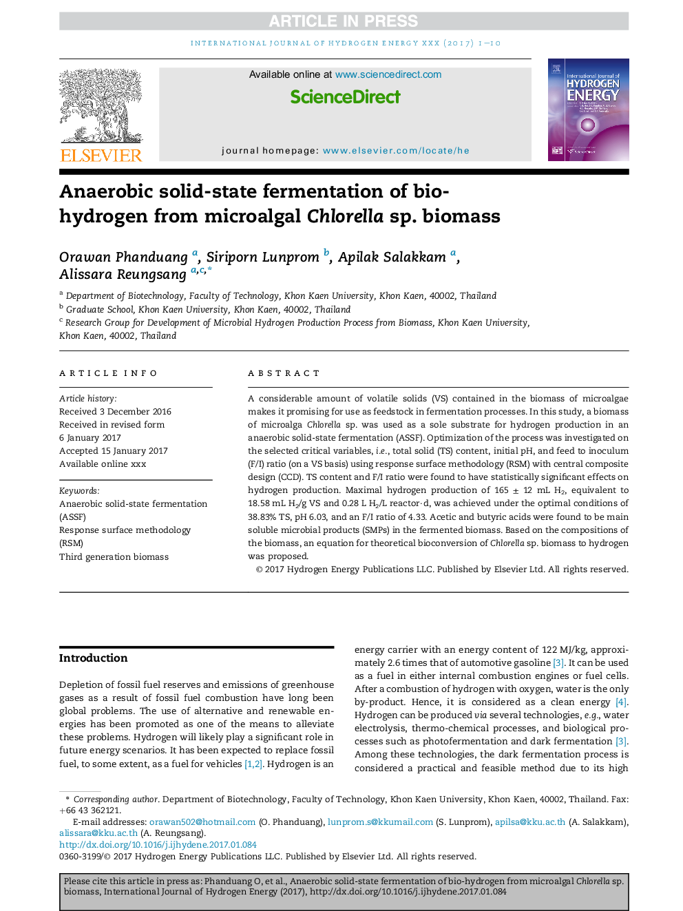 Anaerobic solid-state fermentation of bio-hydrogen from microalgal Chlorella sp. biomass