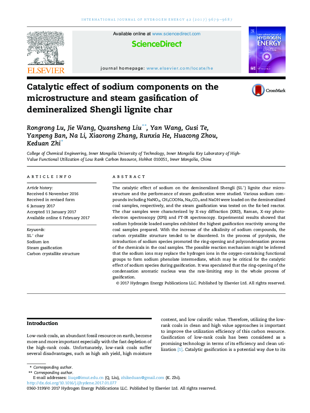 Catalytic effect of sodium components on the microstructure and steam gasification of demineralized Shengli lignite char