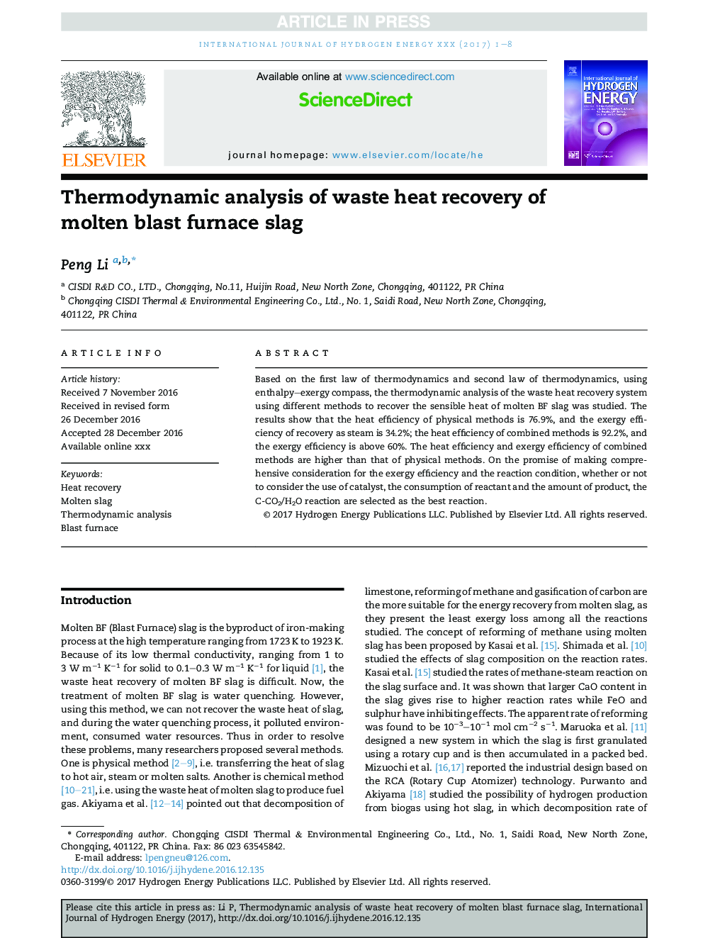 Thermodynamic analysis of waste heat recovery of molten blast furnace slag