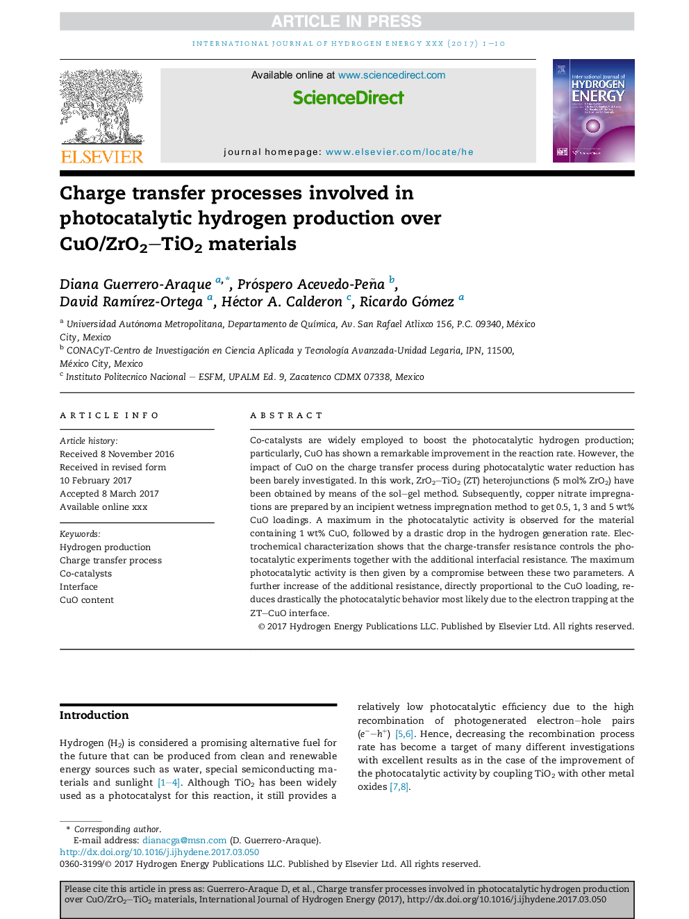 Charge transfer processes involved in photocatalytic hydrogen production over CuO/ZrO2-TiO2 materials