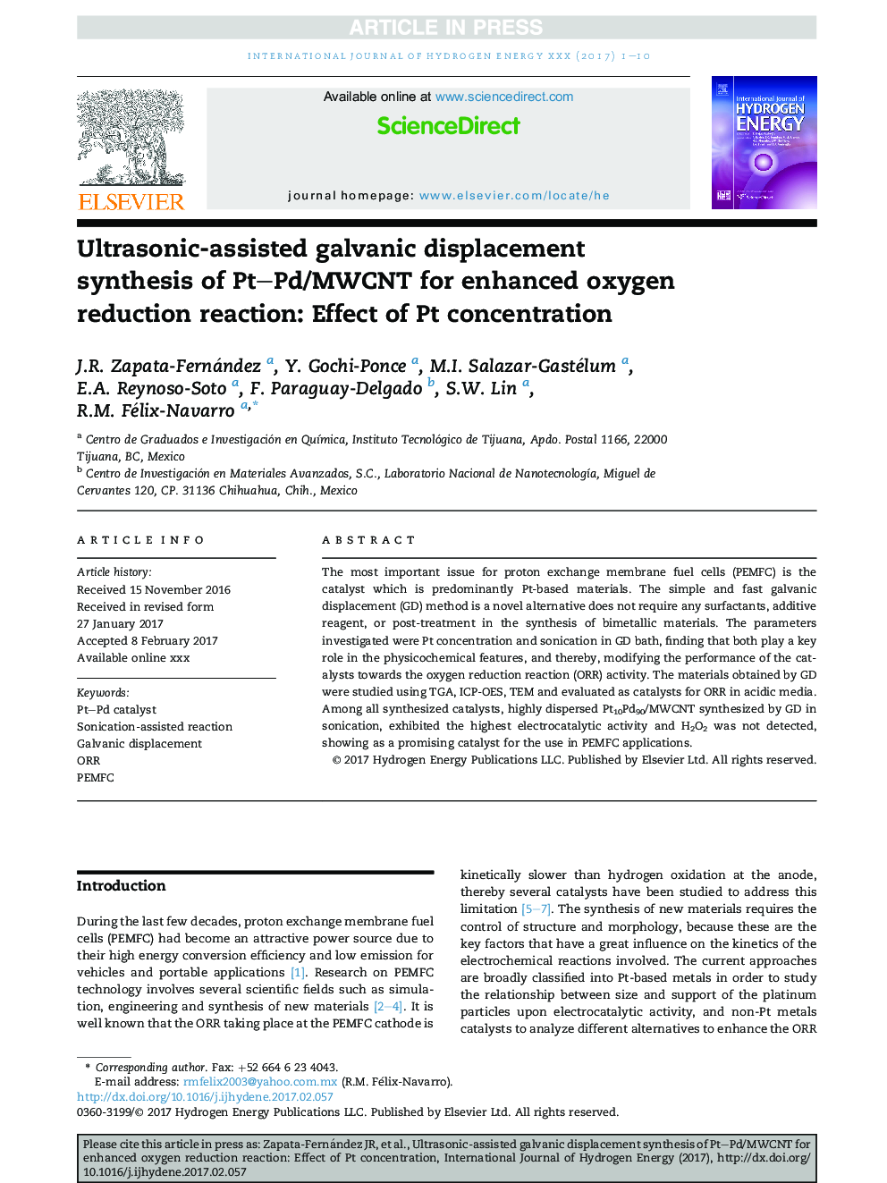 Ultrasonic-assisted galvanic displacement synthesis of Pt-Pd/MWCNT for enhanced oxygen reduction reaction: Effect of Pt concentration