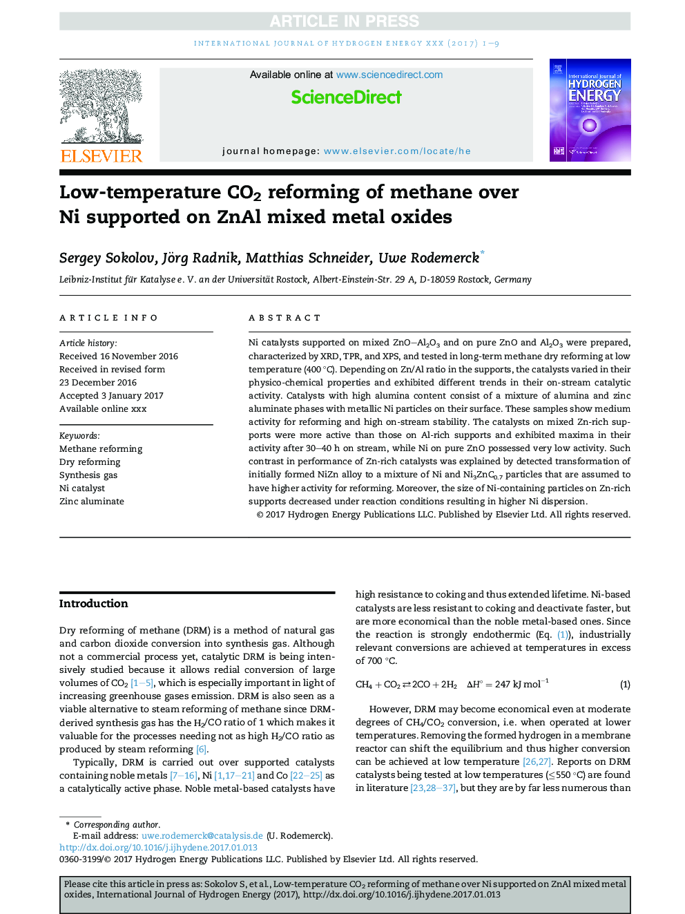 Low-temperature CO2 reforming of methane over Ni supported on ZnAl mixed metal oxides