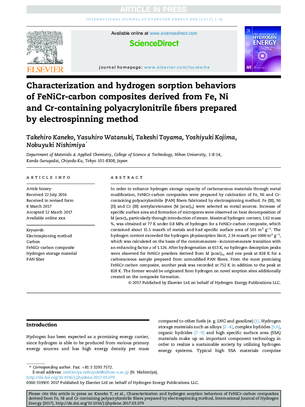 Characterization and hydrogen sorption behaviors of FeNiCr-carbon composites derived from Fe, Ni and Cr-containing polyacrylonitrile fibers prepared by electrospinning method