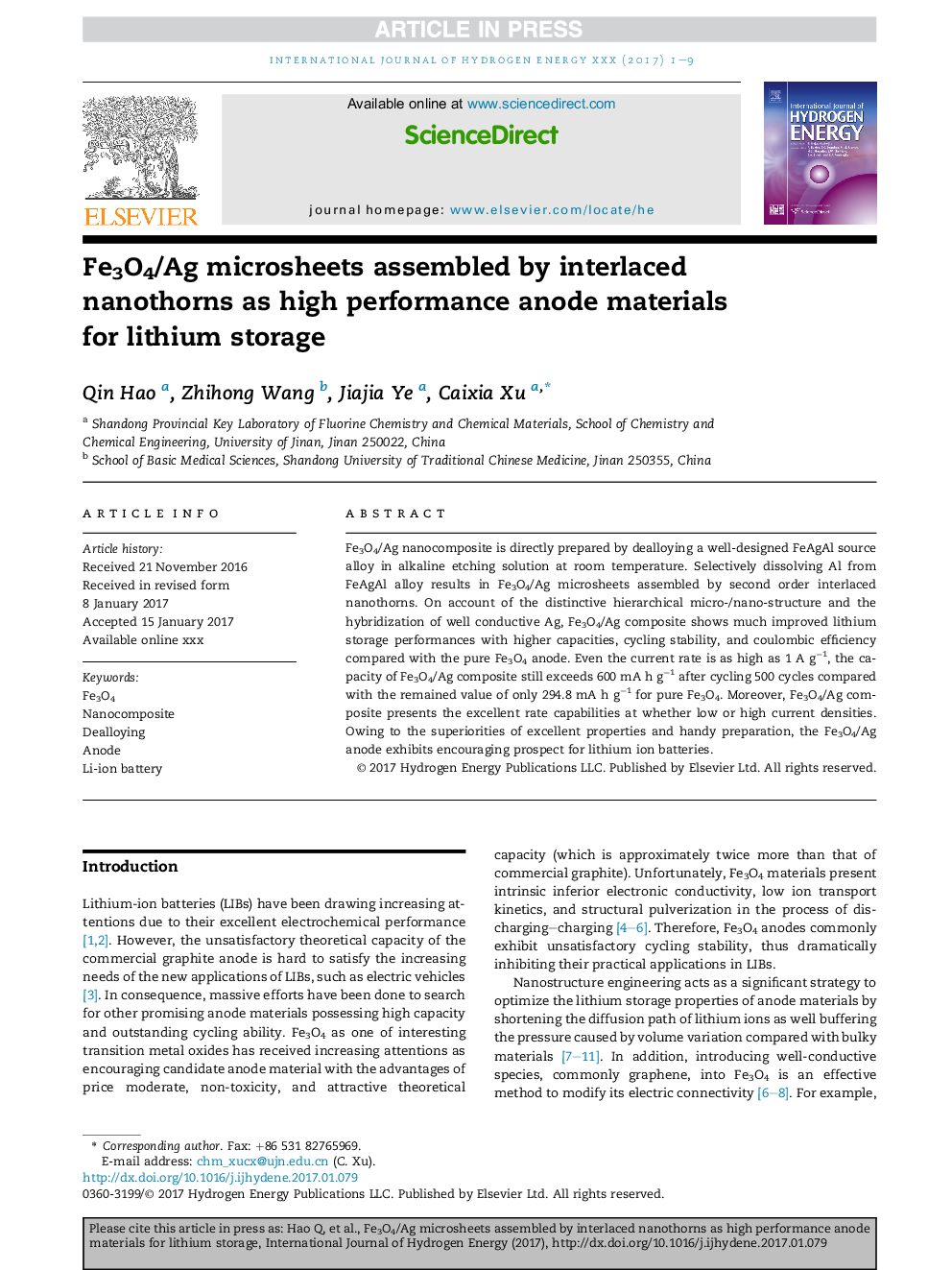 Fe3O4/Ag microsheets assembled by interlaced nanothorns as high performance anode materials for lithium storage