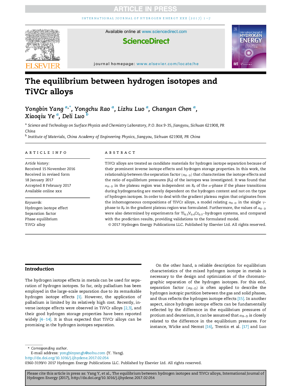 The equilibrium between hydrogen isotopes and TiVCr alloys