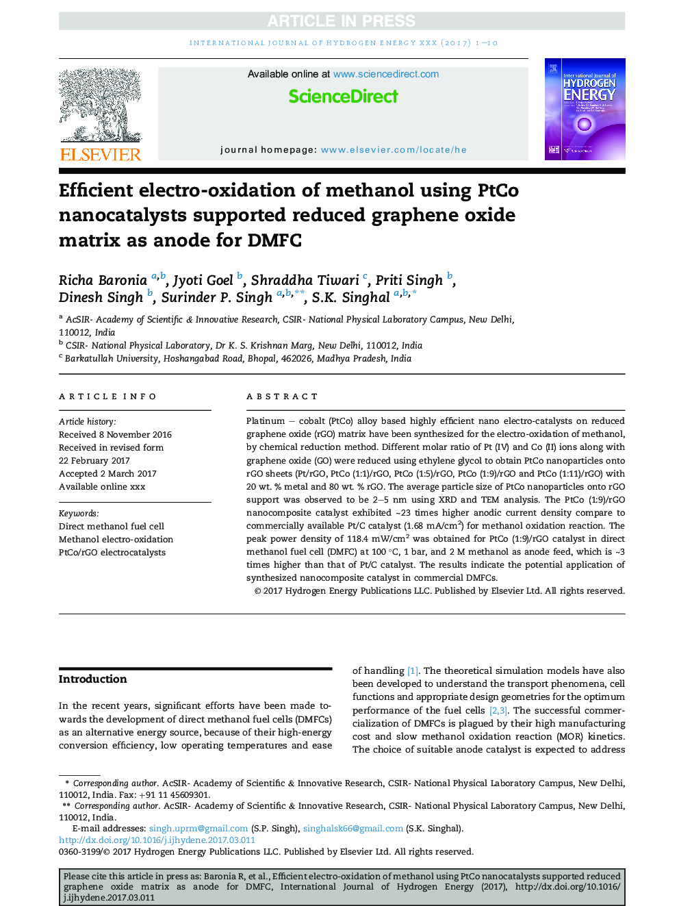 Efficient electro-oxidation of methanol using PtCo nanocatalysts supported reduced graphene oxide matrix as anode for DMFC