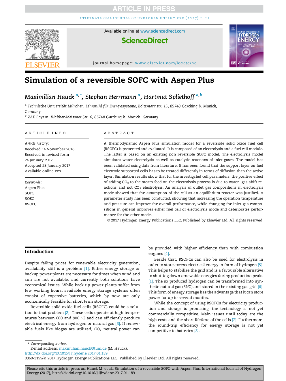 Simulation of a reversible SOFC with Aspen Plus