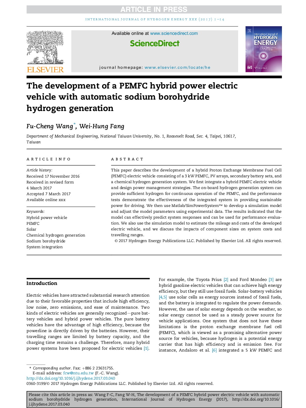 The development of a PEMFC hybrid power electric vehicle with automatic sodium borohydride hydrogen generation