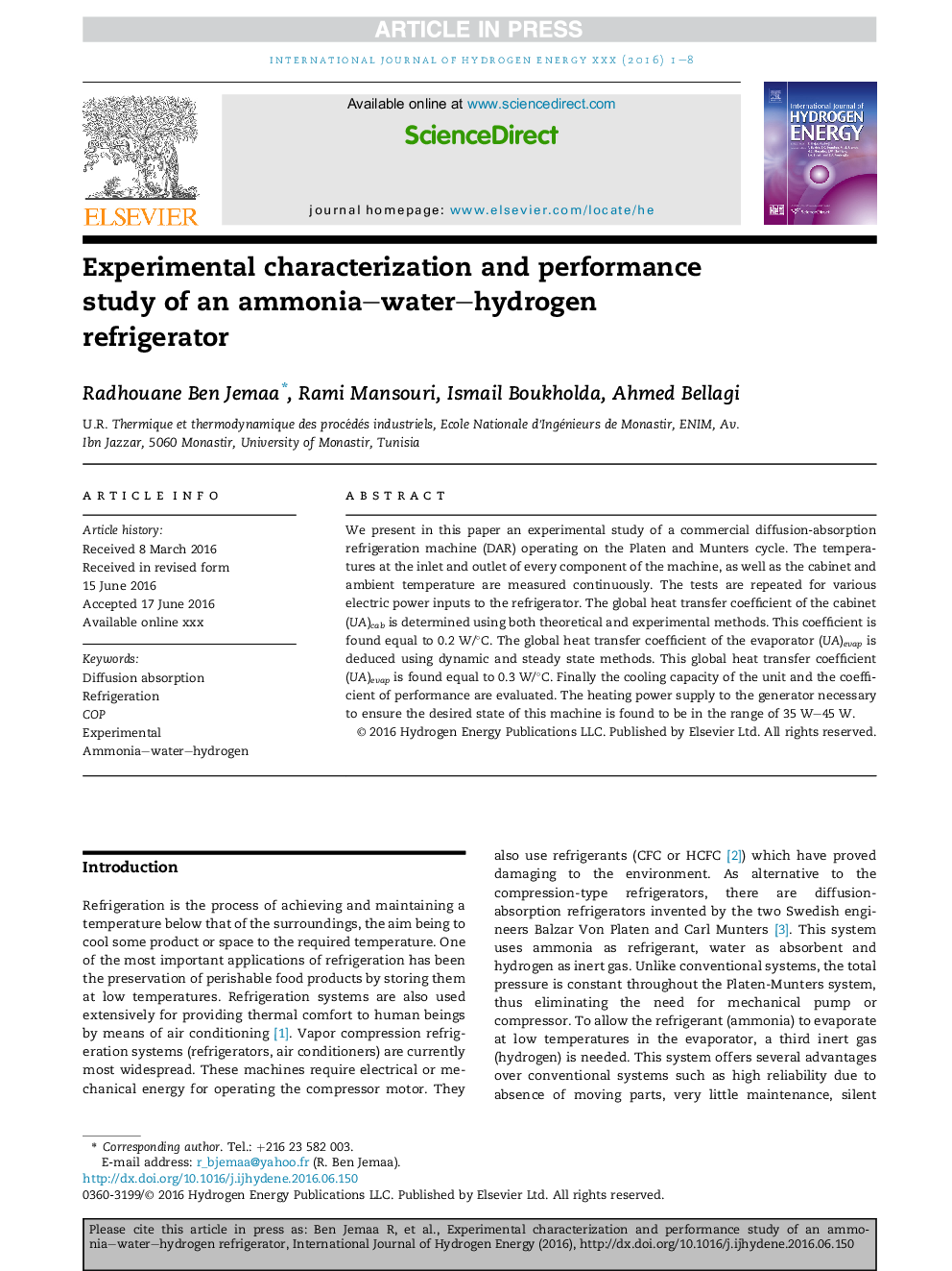 Experimental characterization and performance study of an ammonia-water-hydrogen refrigerator