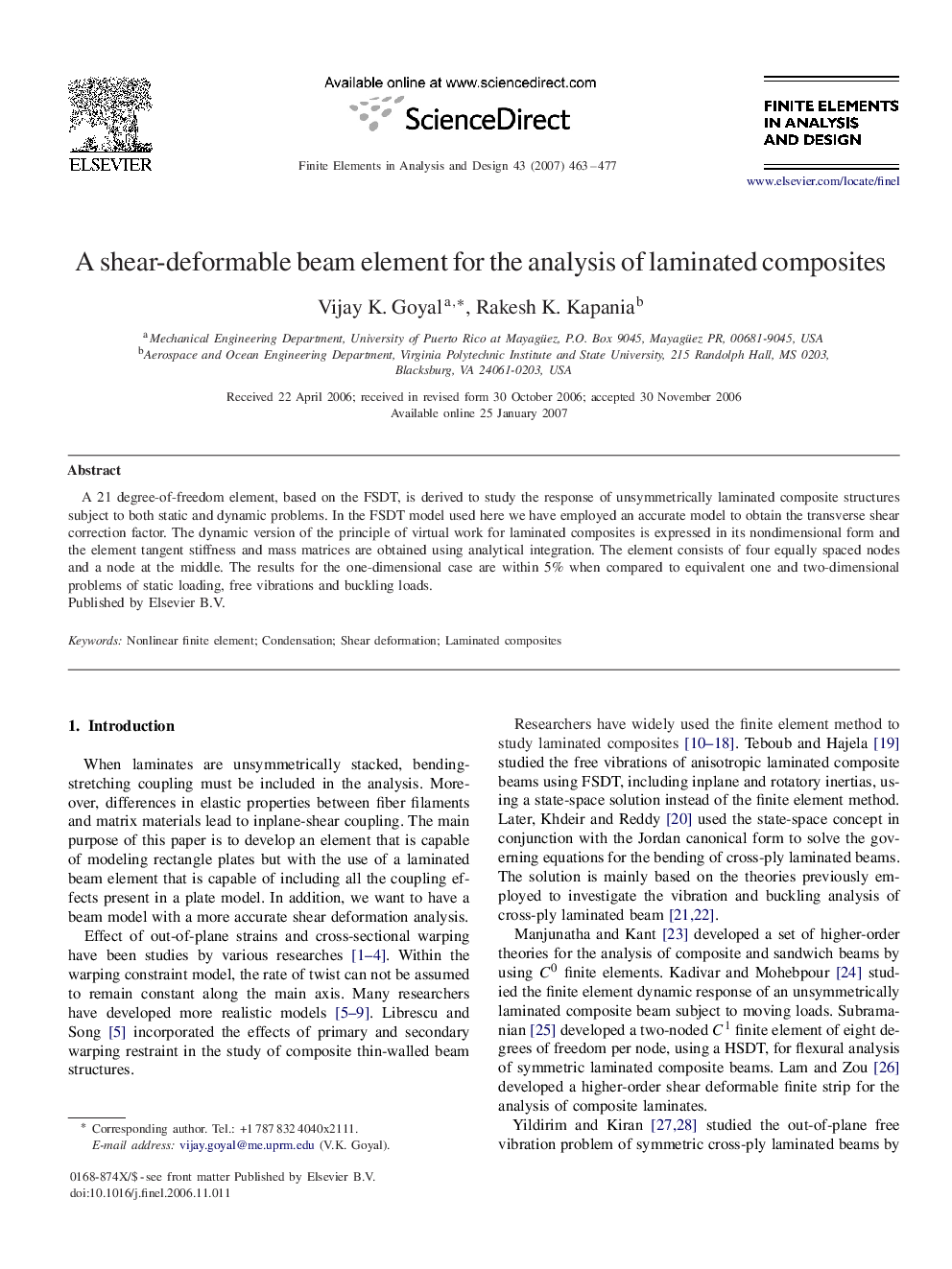 A shear-deformable beam element for the analysis of laminated composites