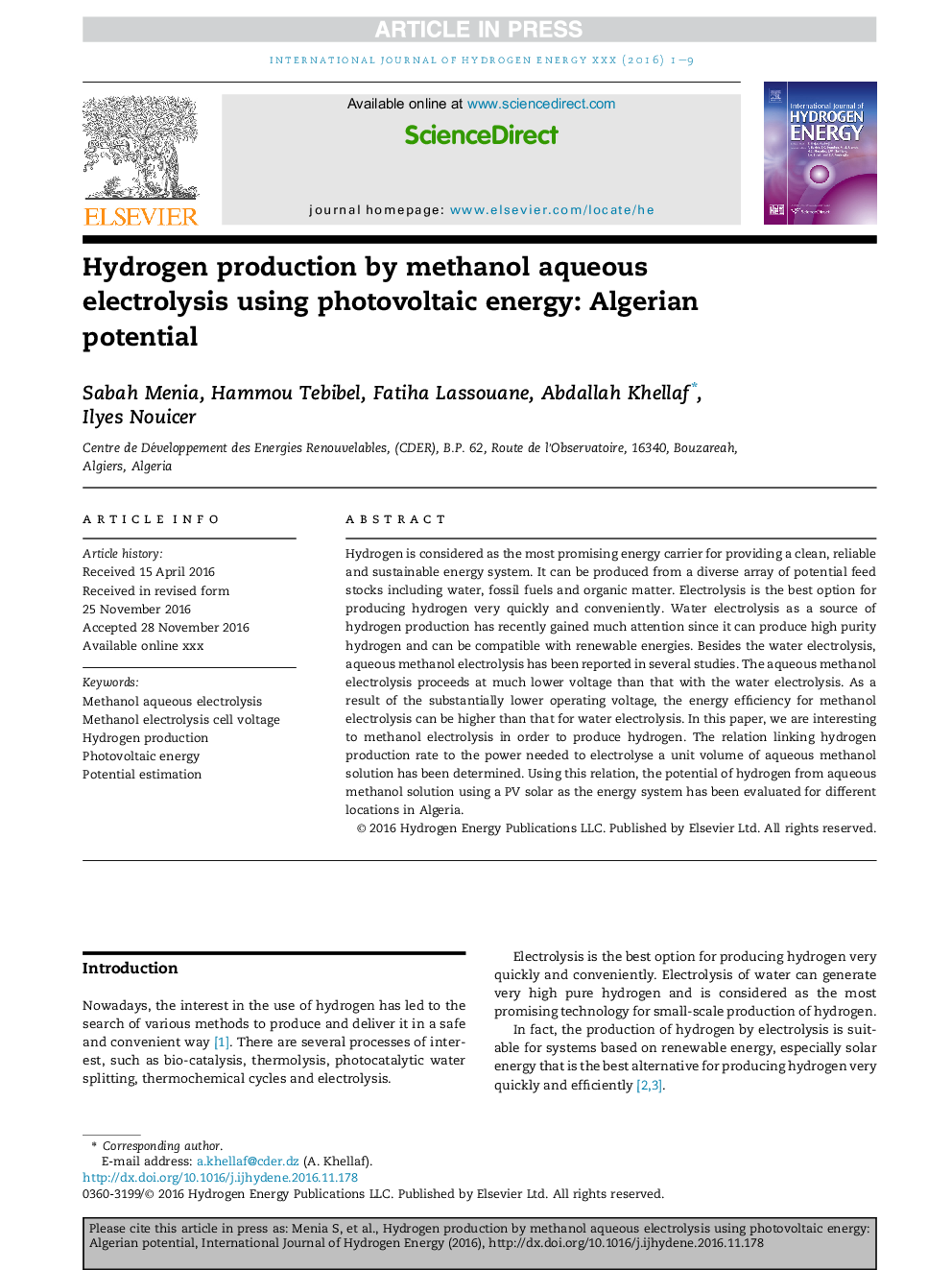 Hydrogen production by methanol aqueous electrolysis using photovoltaic energy: Algerian potential