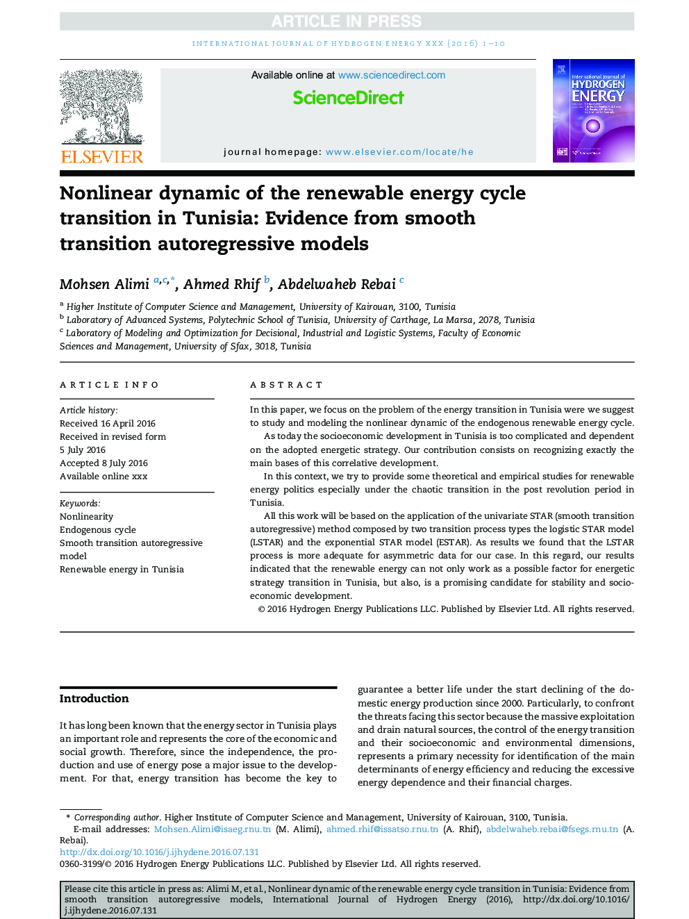 Nonlinear dynamic of the renewable energy cycle transition in Tunisia: Evidence from smooth transition autoregressive models