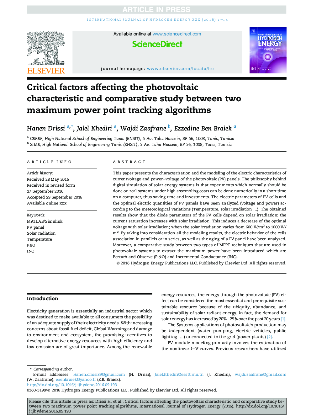 Critical factors affecting the photovoltaic characteristic and comparative study between two maximum power point tracking algorithms