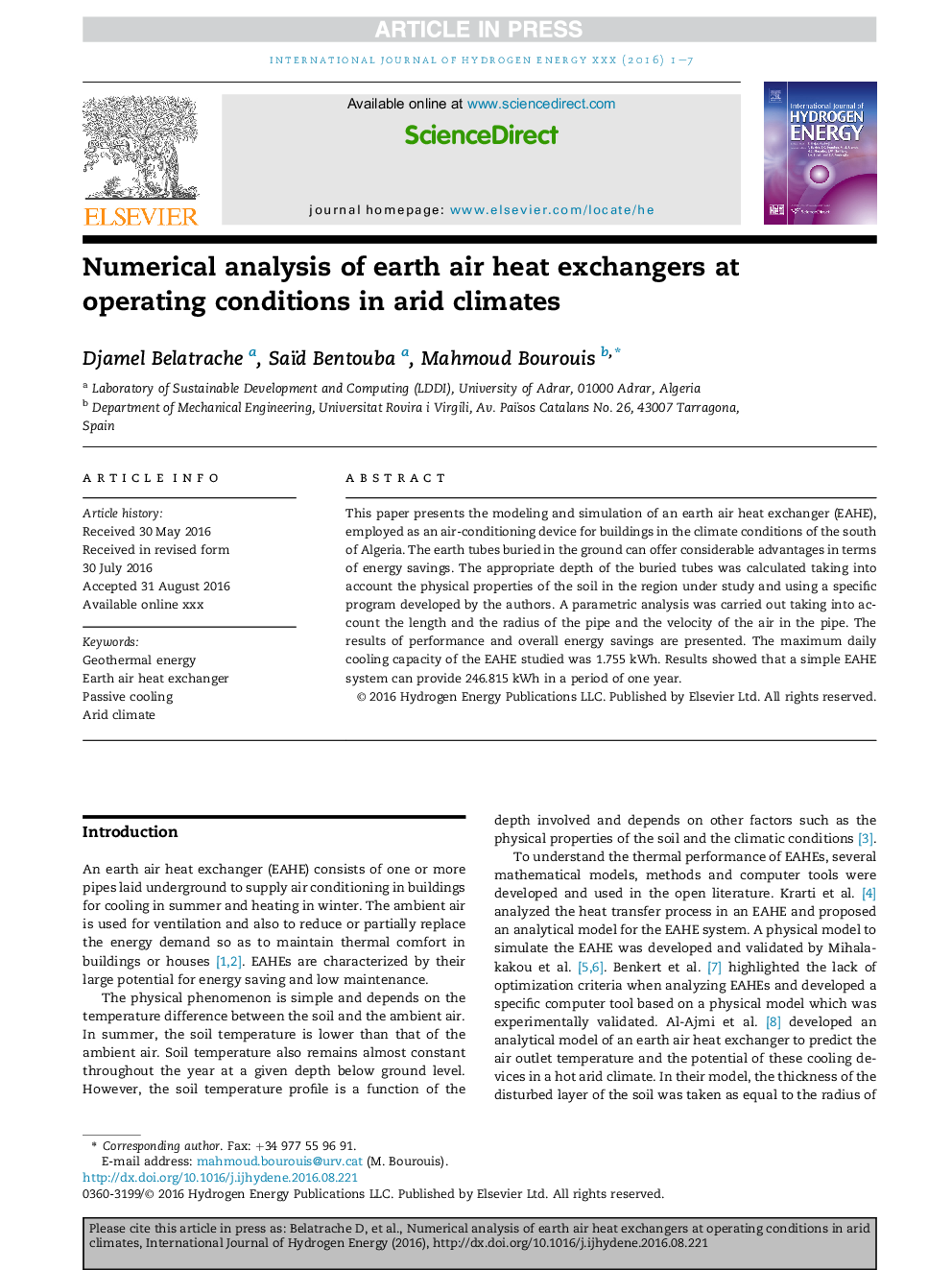 Numerical analysis of earth air heat exchangers at operating conditions in arid climates