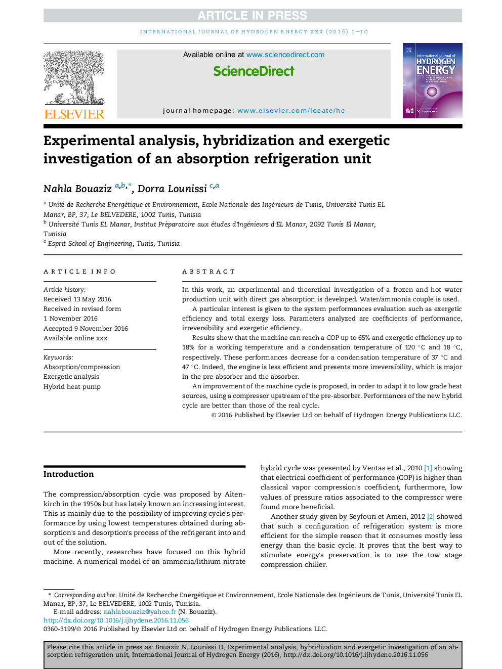 Experimental analysis, hybridization and exergetic investigation of an absorption refrigeration unit