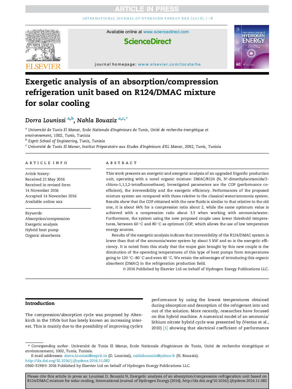 Exergetic analysis of an absorption/compression refrigeration unit based on R124/DMAC mixture forÂ solar cooling