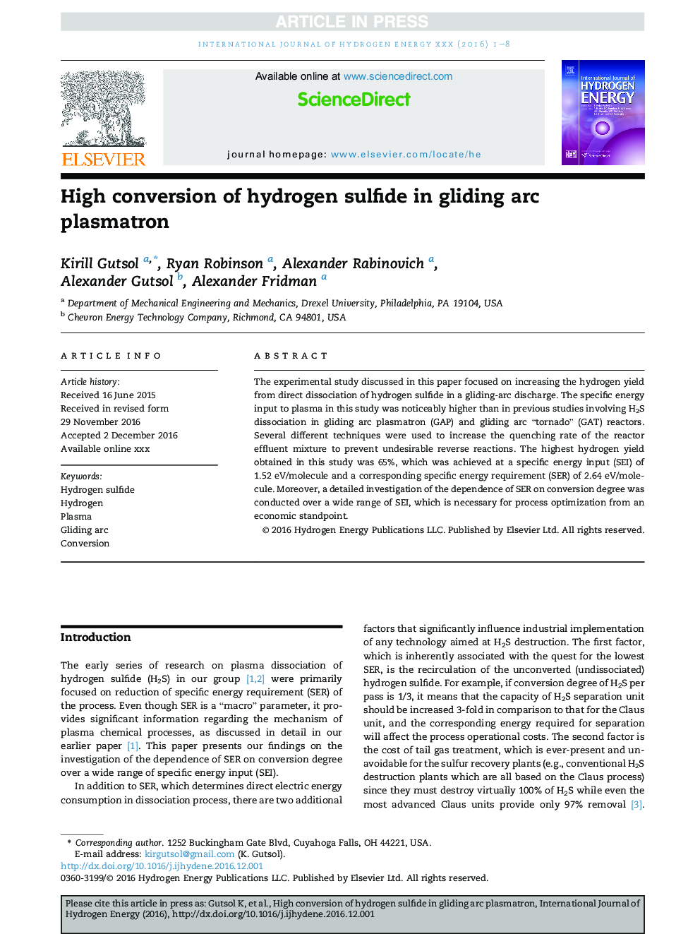 High conversion of hydrogen sulfide in gliding arc plasmatron