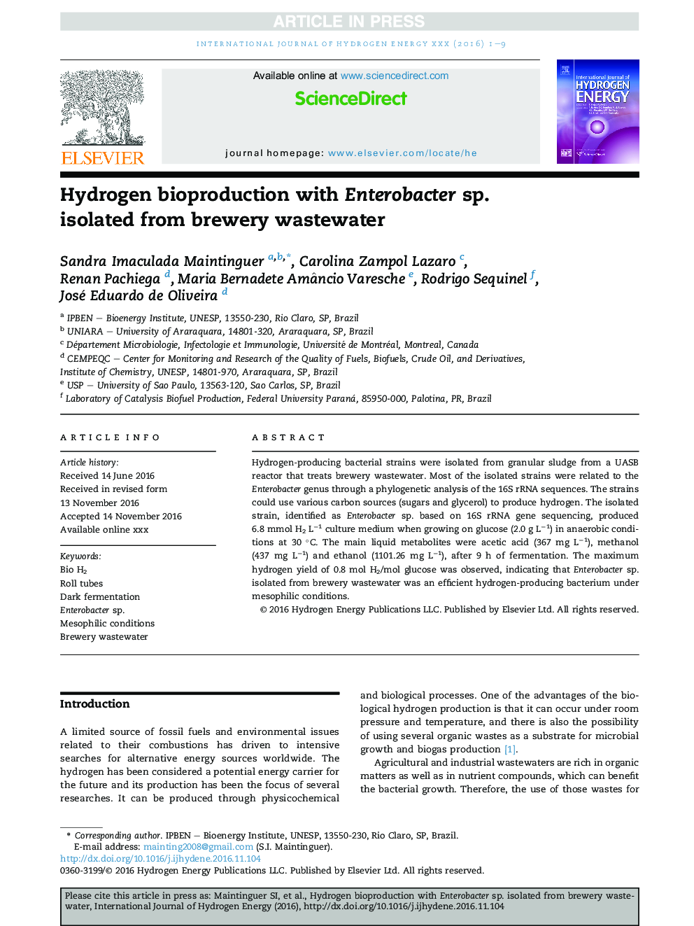 Hydrogen bioproduction with Enterobacter sp. isolated from brewery wastewater