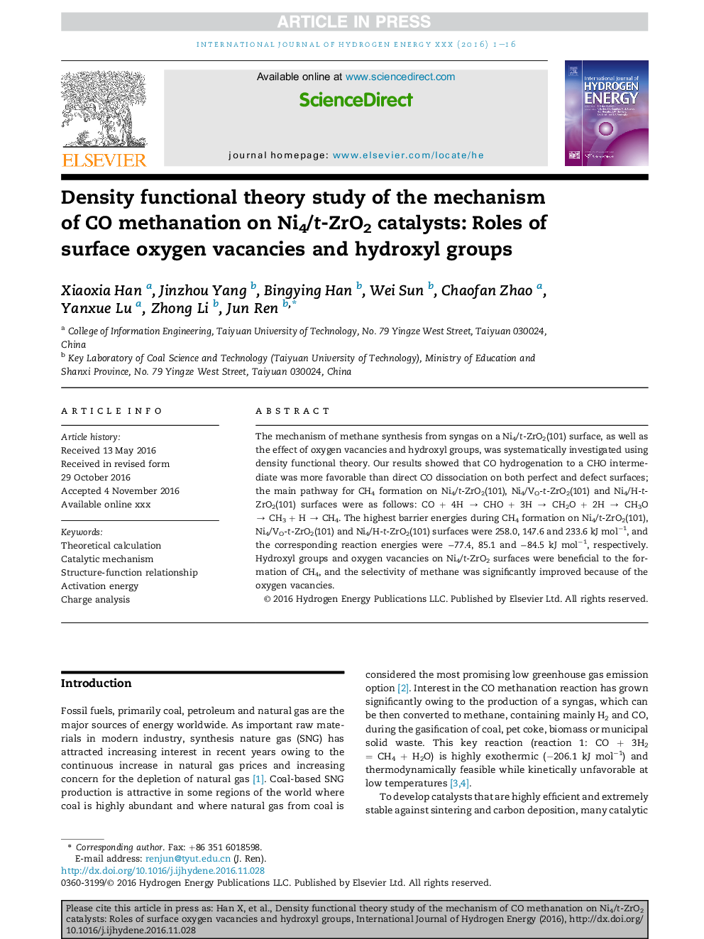 Density functional theory study of the mechanism of CO methanation on Ni4/t-ZrO2 catalysts: Roles of surface oxygen vacancies and hydroxyl groups