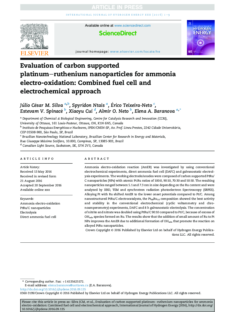 Evaluation of carbon supported platinum-ruthenium nanoparticles for ammonia electro-oxidation: Combined fuel cell and electrochemical approach