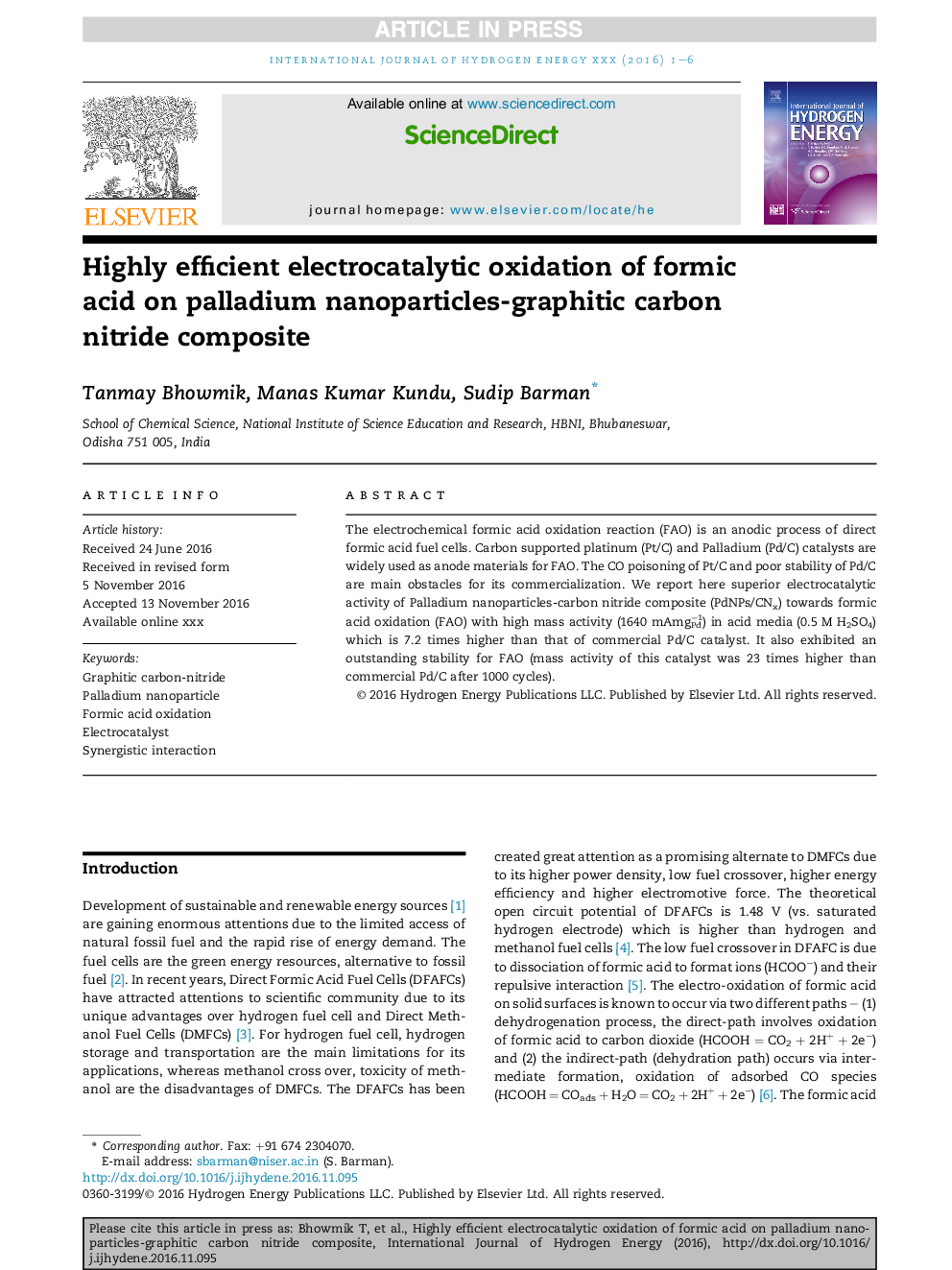 Highly efficient electrocatalytic oxidation of formic acid on palladium nanoparticles-graphitic carbon nitride composite