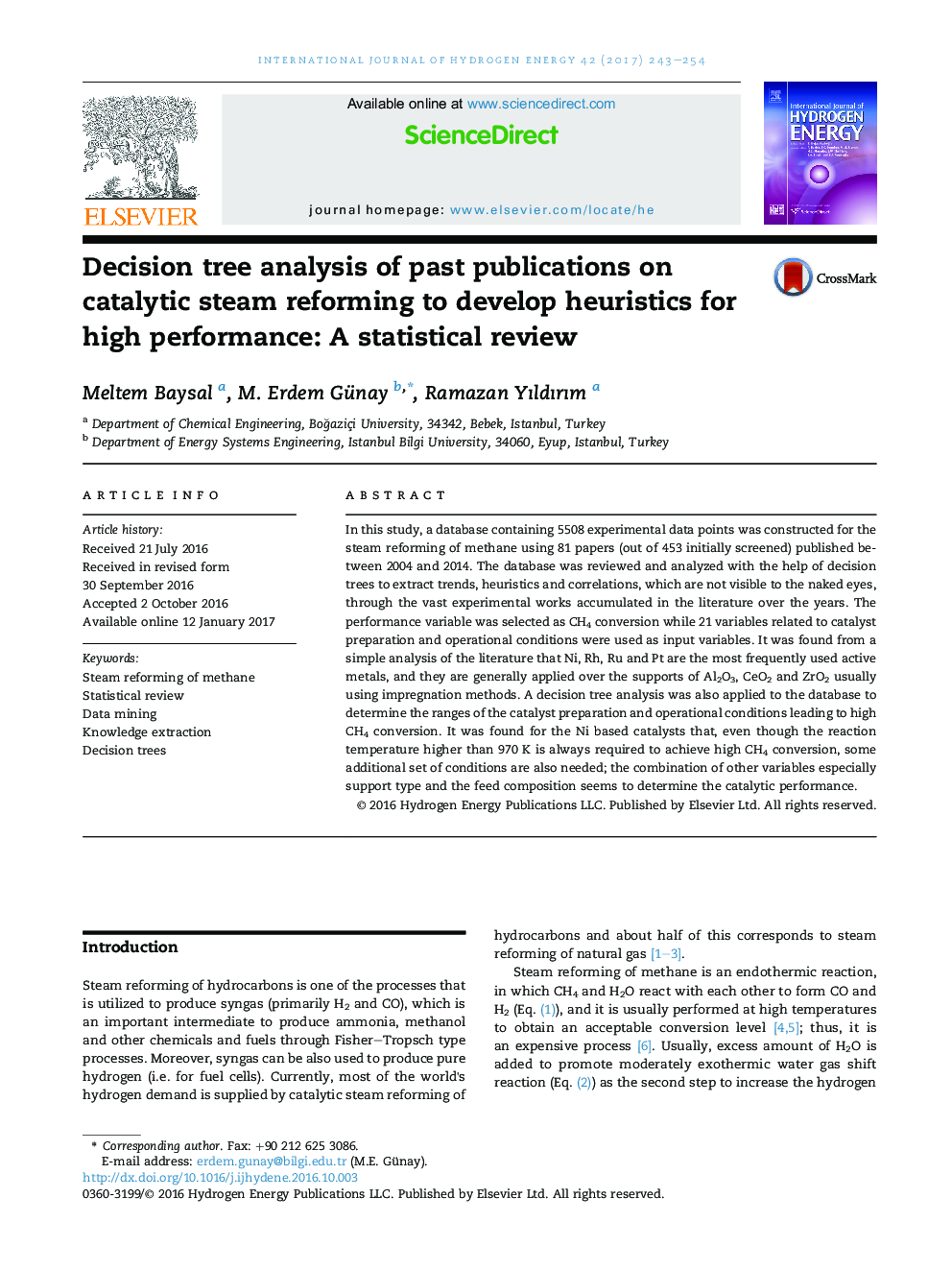 Decision tree analysis of past publications on catalytic steam reforming to develop heuristics for high performance: A statistical review