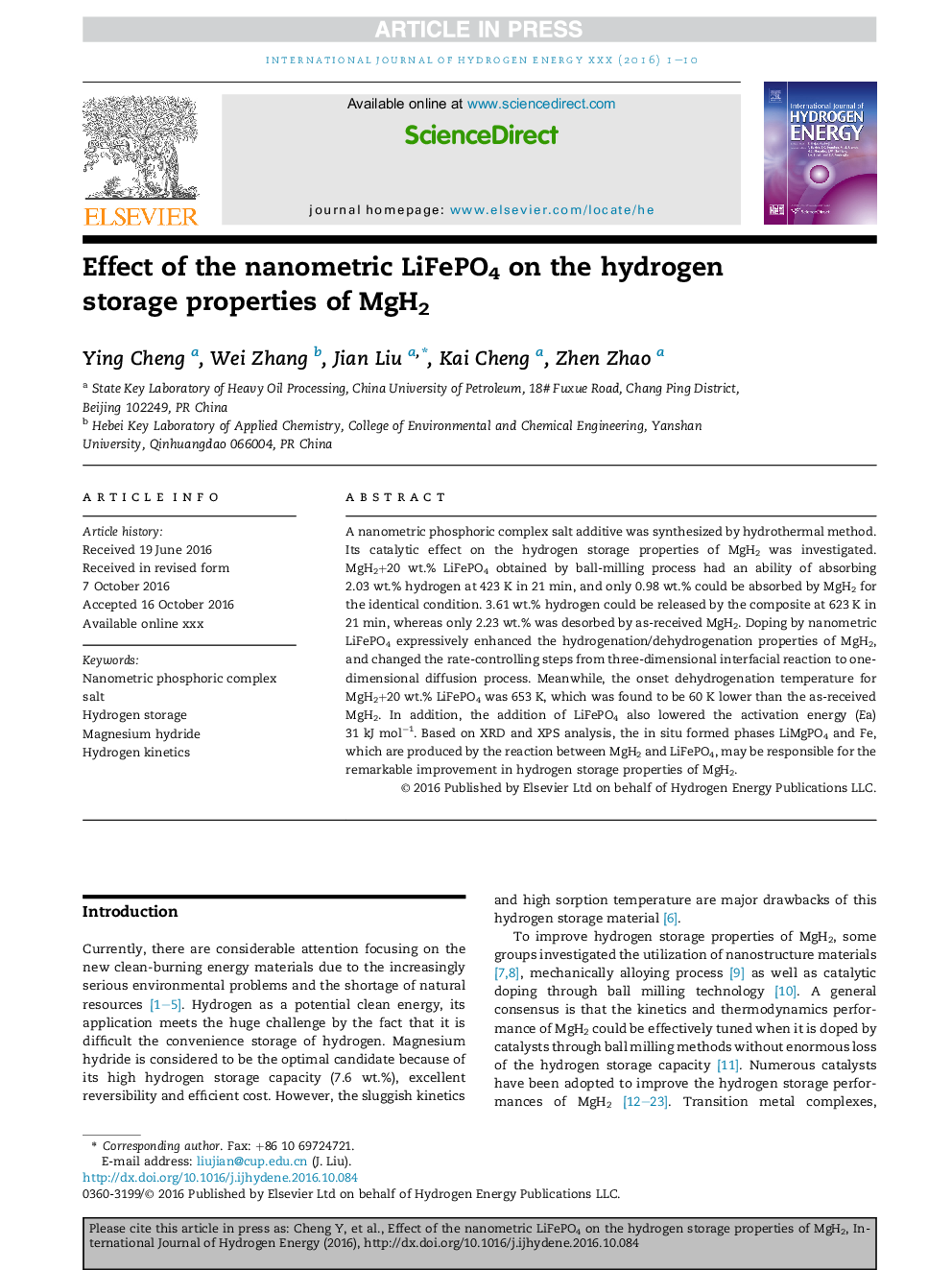 Effect of the nanometric LiFePO4 on the hydrogen storage properties of MgH2