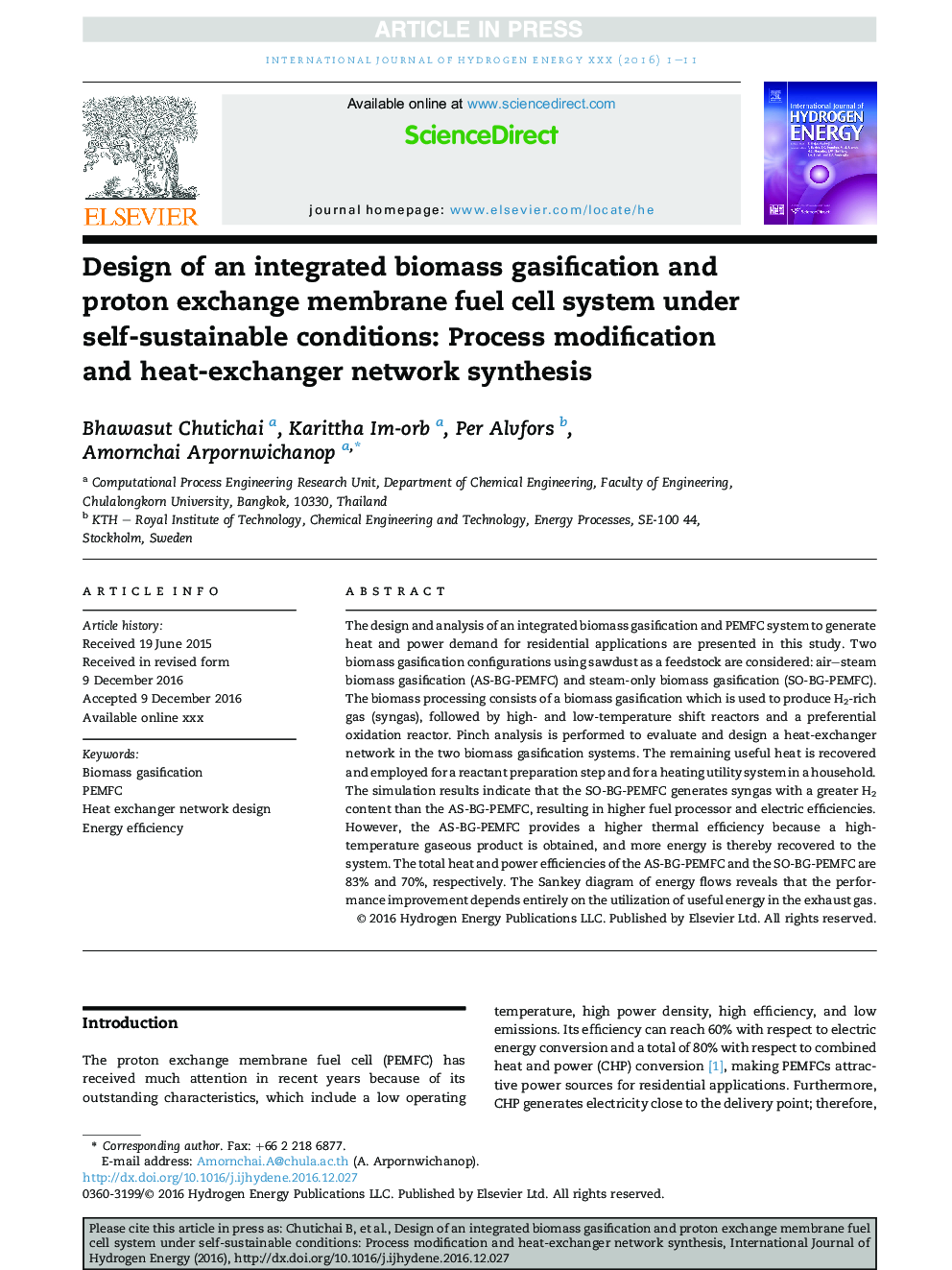 Design of an integrated biomass gasification and proton exchange membrane fuel cell system under self-sustainable conditions: Process modification and heat-exchanger network synthesis