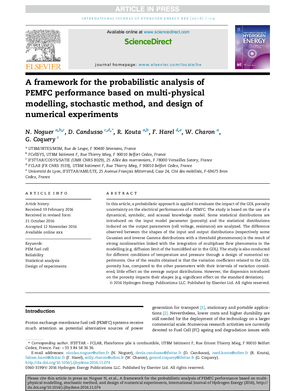 A framework for the probabilistic analysis of PEMFC performance based on multi-physical modelling, stochastic method, and design of numerical experiments