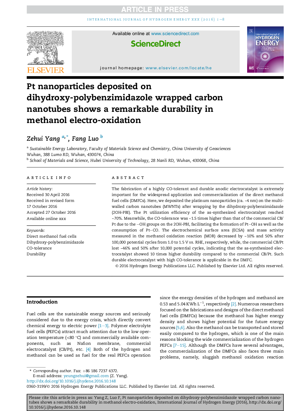 Pt nanoparticles deposited on dihydroxy-polybenzimidazole wrapped carbon nanotubes shows a remarkable durability in methanol electro-oxidation