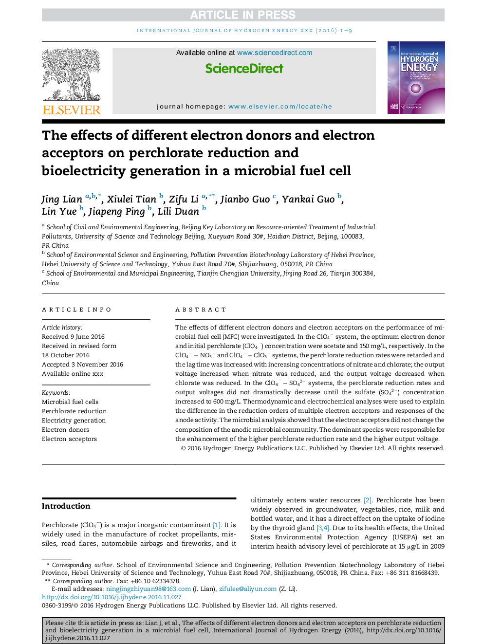 The effects of different electron donors and electron acceptors on perchlorate reduction and bioelectricity generation in a microbial fuel cell