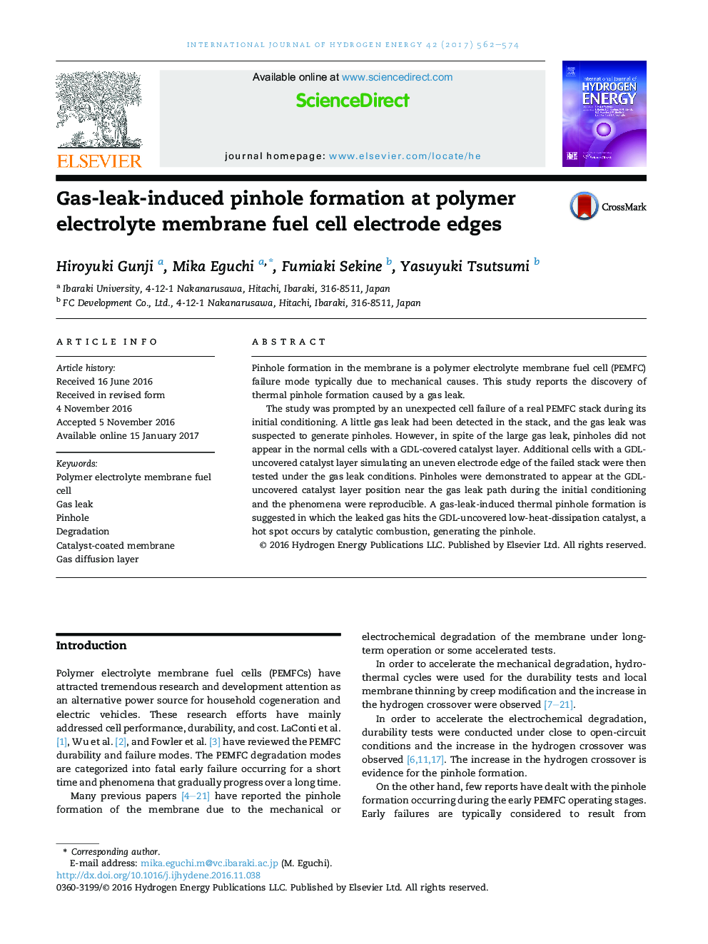 Gas-leak-induced pinhole formation at polymer electrolyte membrane fuel cell electrode edges