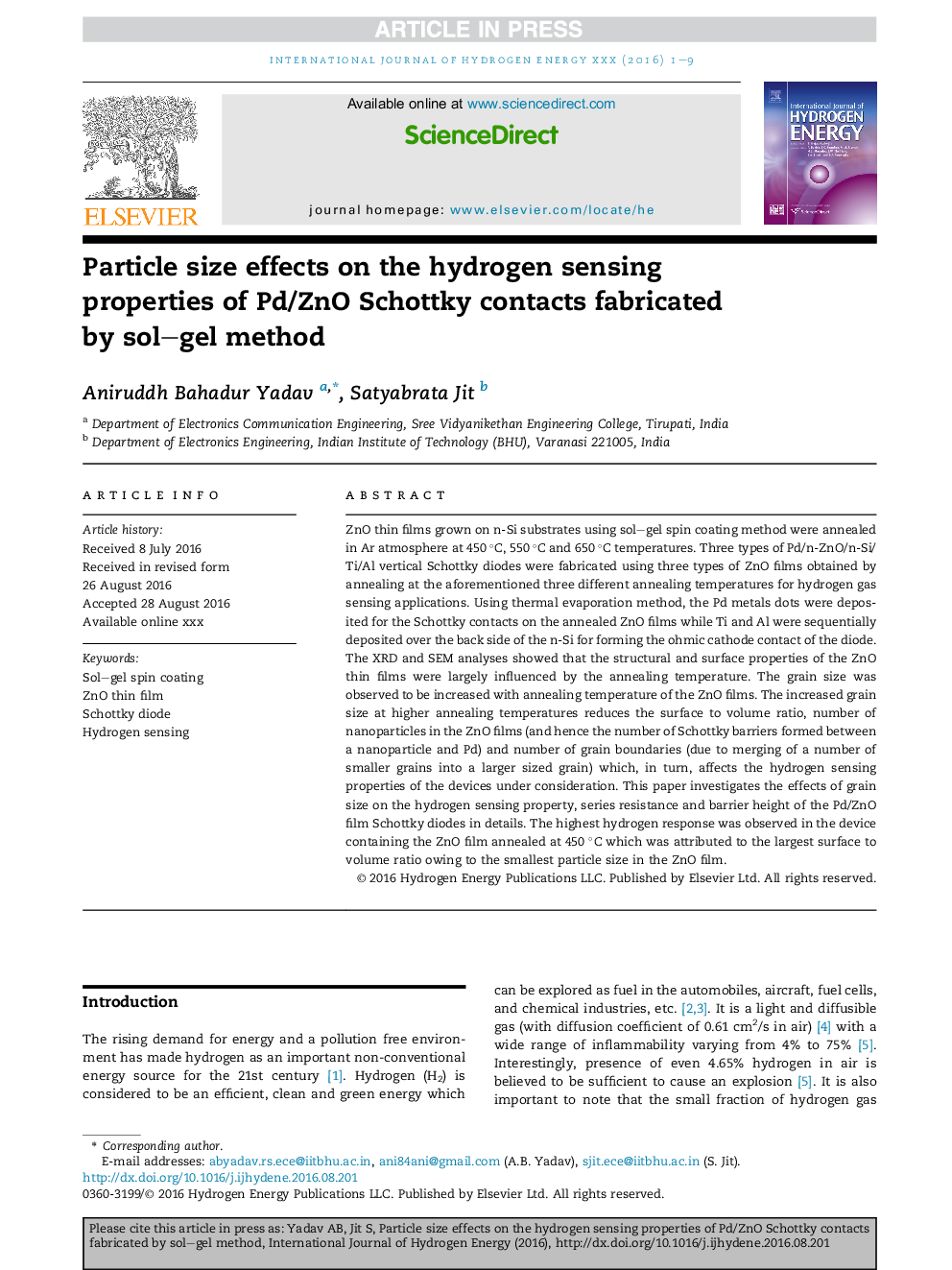 Particle size effects on the hydrogen sensing properties of Pd/ZnO Schottky contacts fabricated by sol-gel method