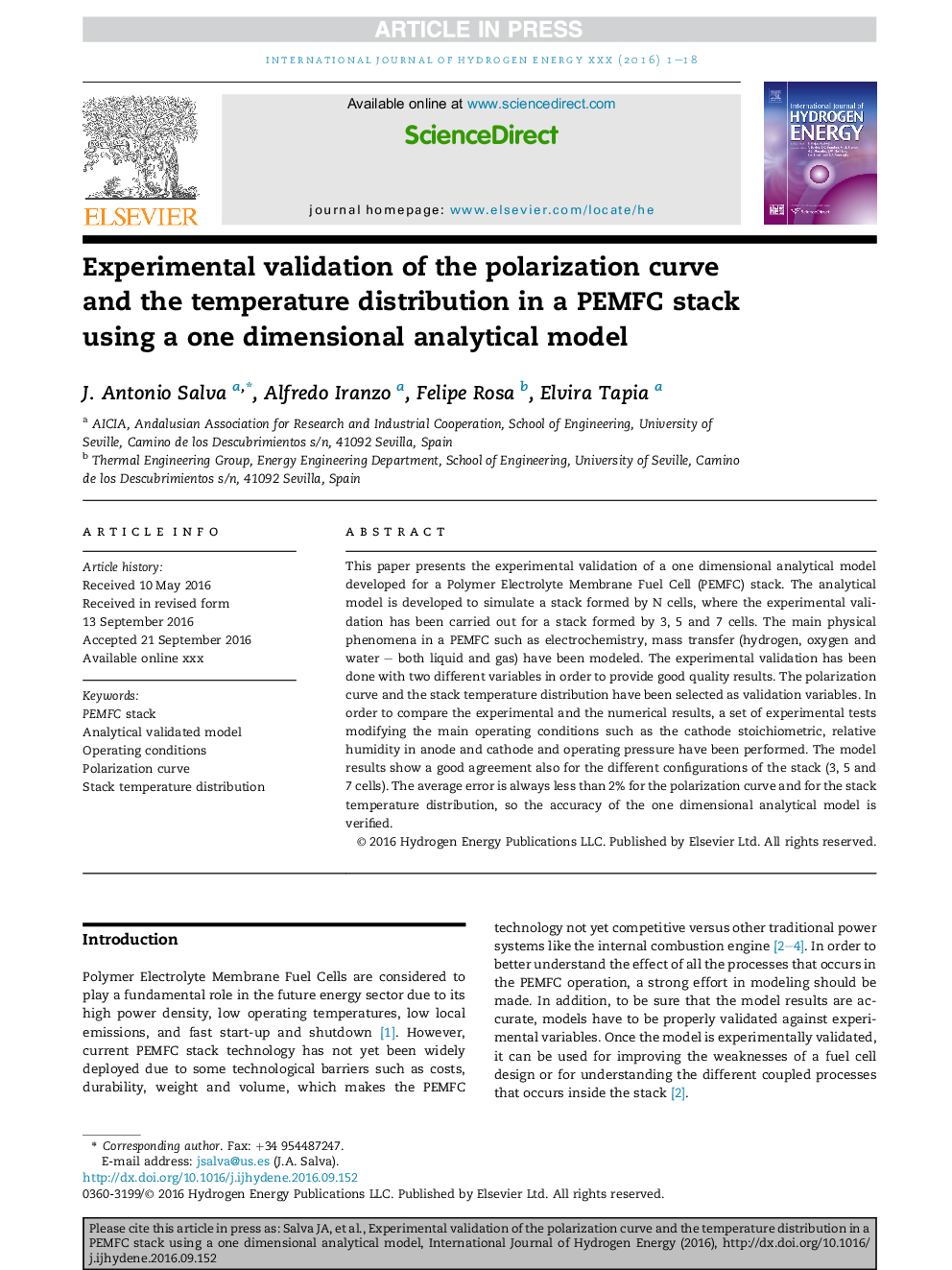 Experimental validation of the polarization curve and the temperature distribution in a PEMFC stack using a one dimensional analytical model