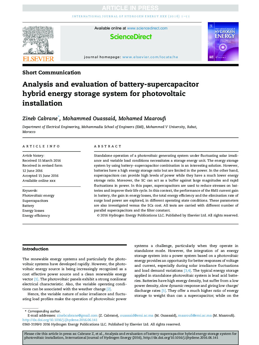 Analysis and evaluation of battery-supercapacitor hybrid energy storage system for photovoltaic installation